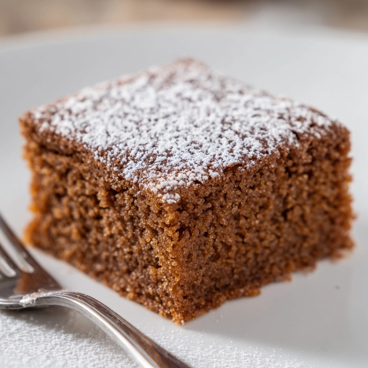 Warm slices of Cinnamon Gingerbread Snack Cake, dusted with powdered sugar, waiting to be served.