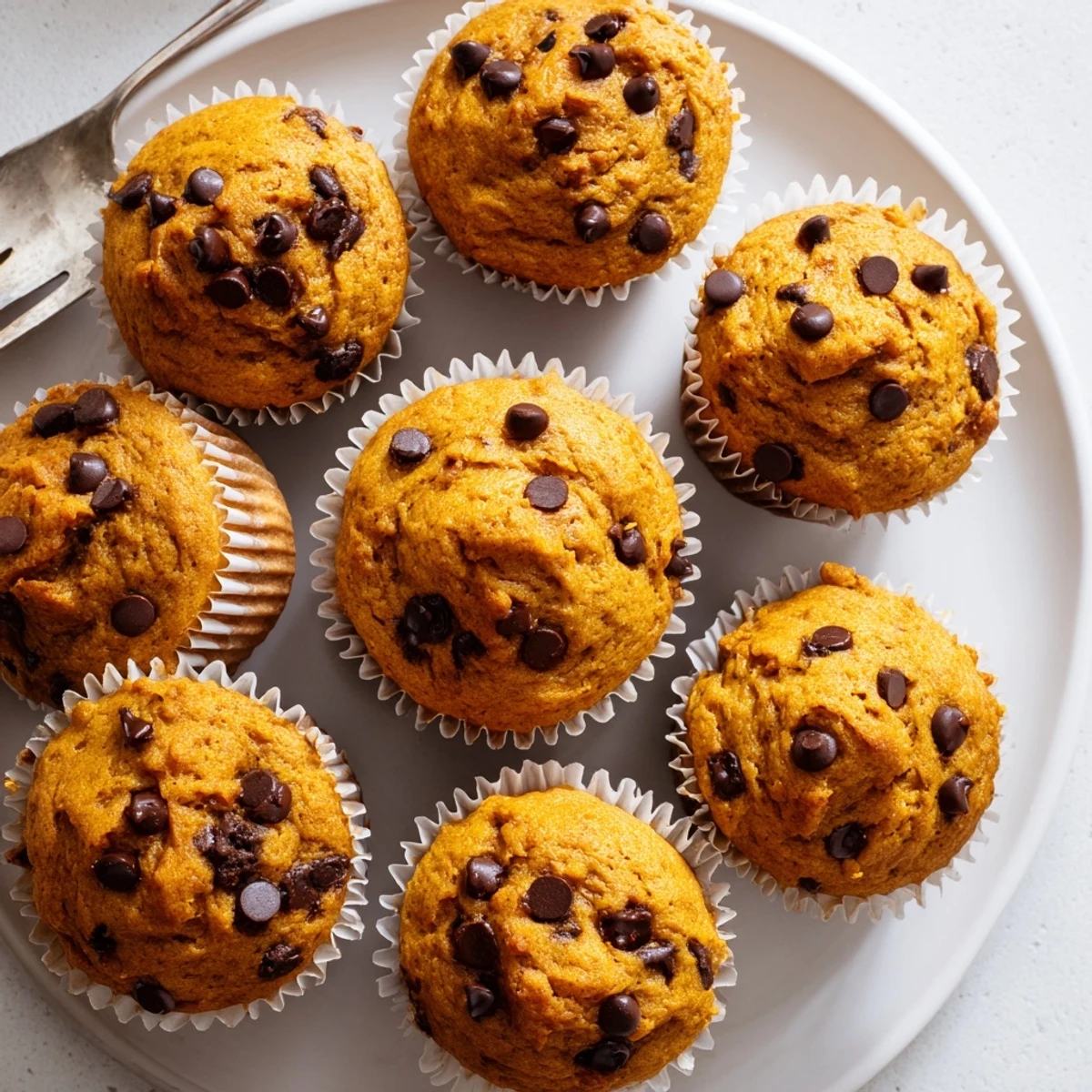 Moist Pumpkin Chocolate Chip Muffins with Sourdough Starter, topped with melted dark chocolate.