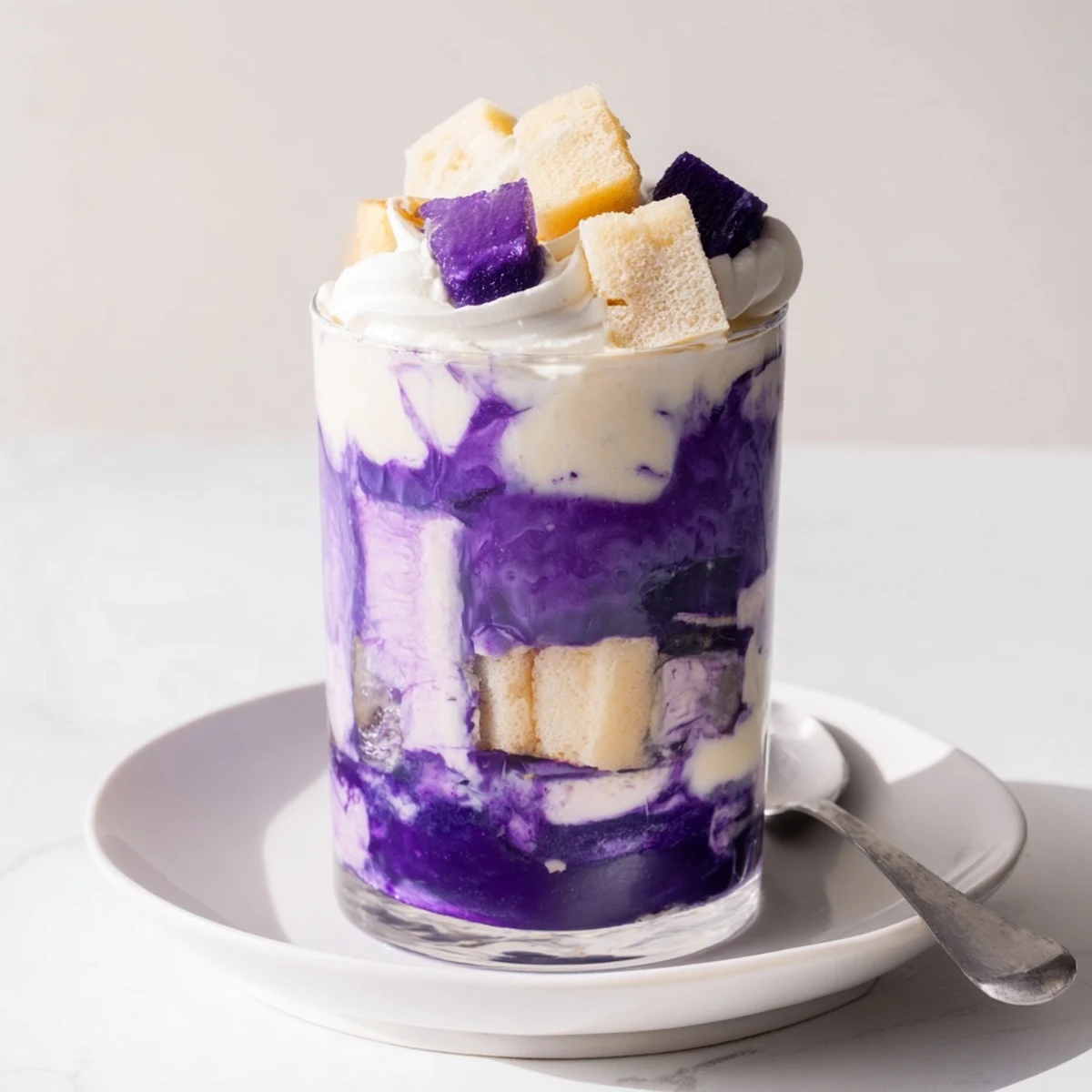 Delicious Ube Milk Jelly Trifles topped with whipped cream and fresh ube cubes.