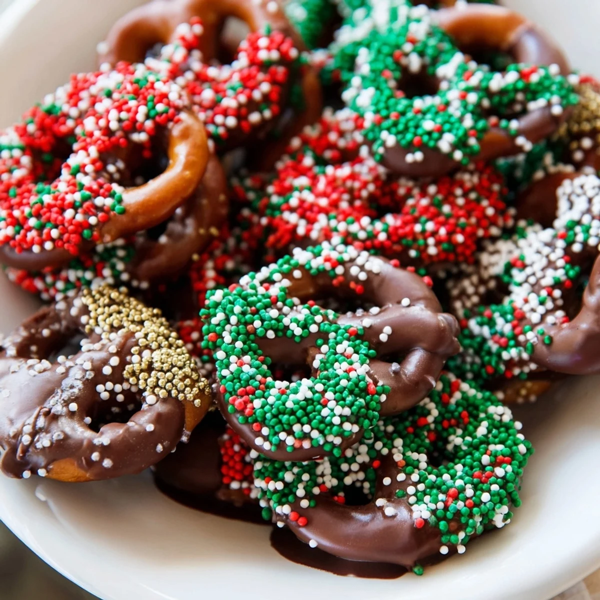 Buttery Festive Pretzel Christmas Cookies dipped in chocolate and sprinkled with joy.  
