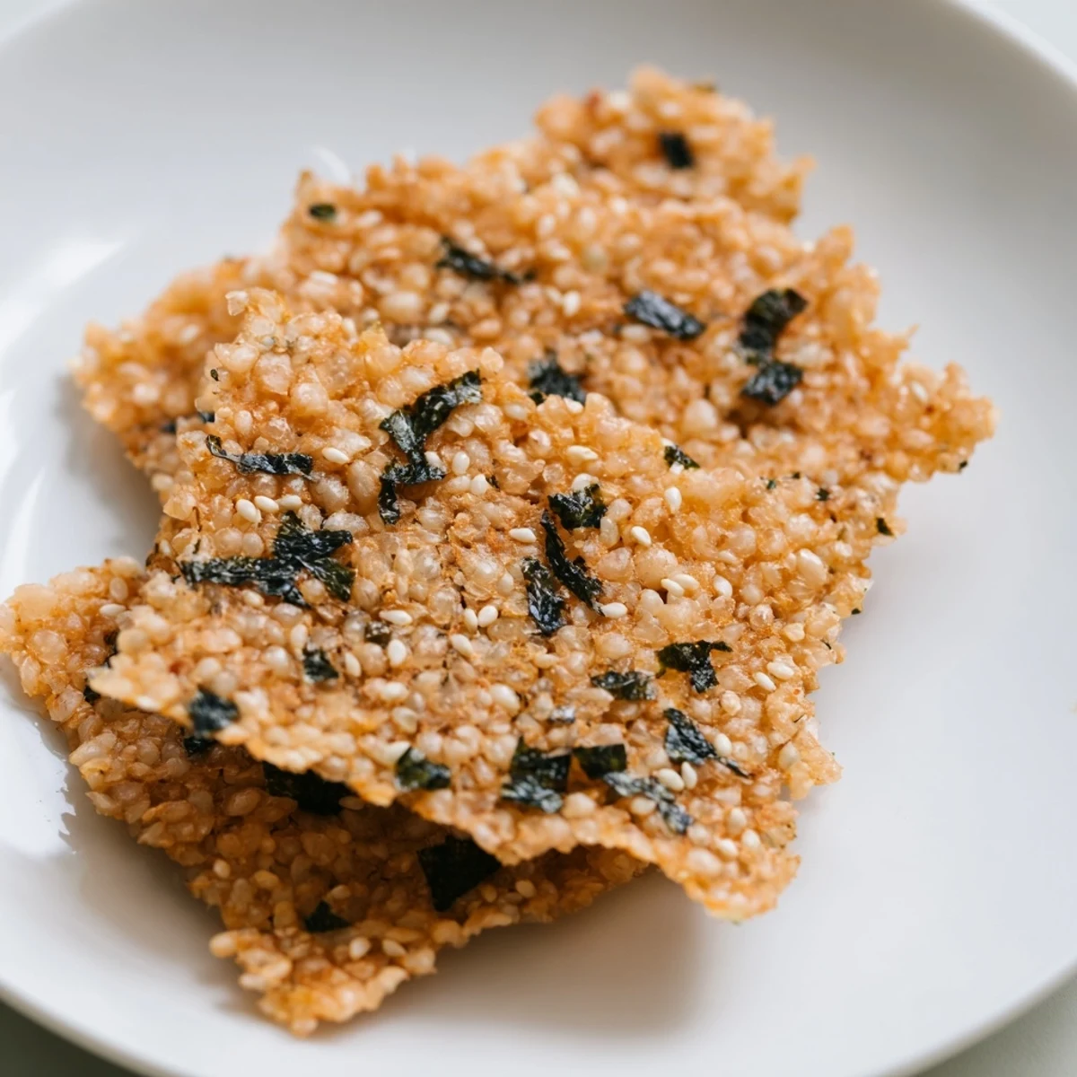 Savory seaweed & sesame rice crisps, a crunchy addition to any appetizer spread.
