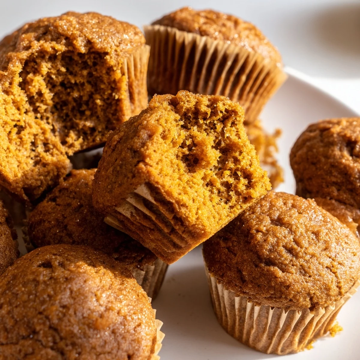 Moist gingerbread spiced pumpkin muffins topped with turbinado sugar for added crunch.  