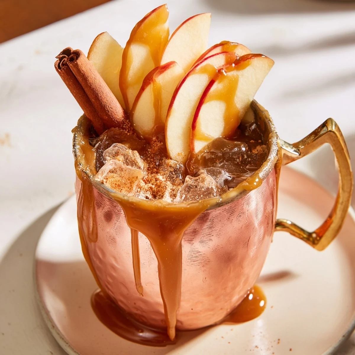 Crisp apple slices and caramel drizzle elevate the Spicy Caramel Apple Mule mocktail.  