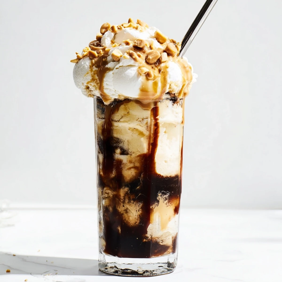 Creamy Peanut Butter Bourbon Soda Float topped with whipped cream and roasted peanuts.  