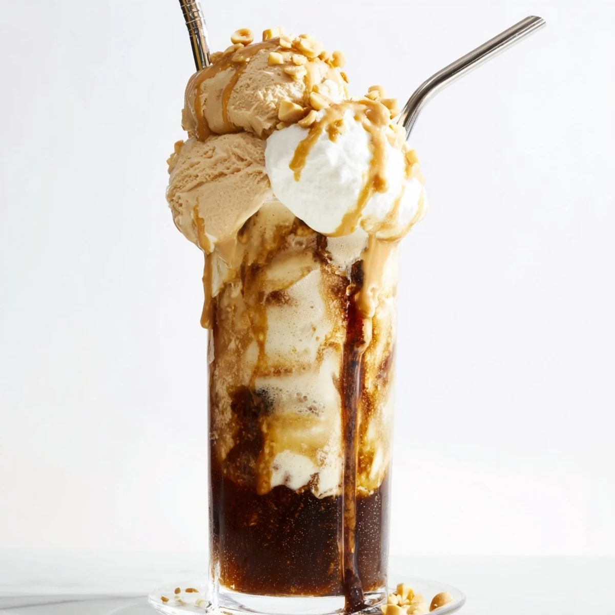 Indulgent Peanut Butter Bourbon Soda Float with a fizzy cola finish and ice cream.  