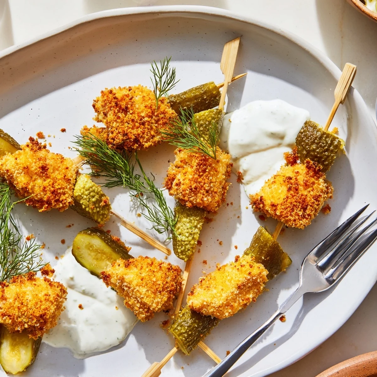Golden Pickle Popcorn Chicken Skewers marinated in dill brine for a zesty flavor.  
