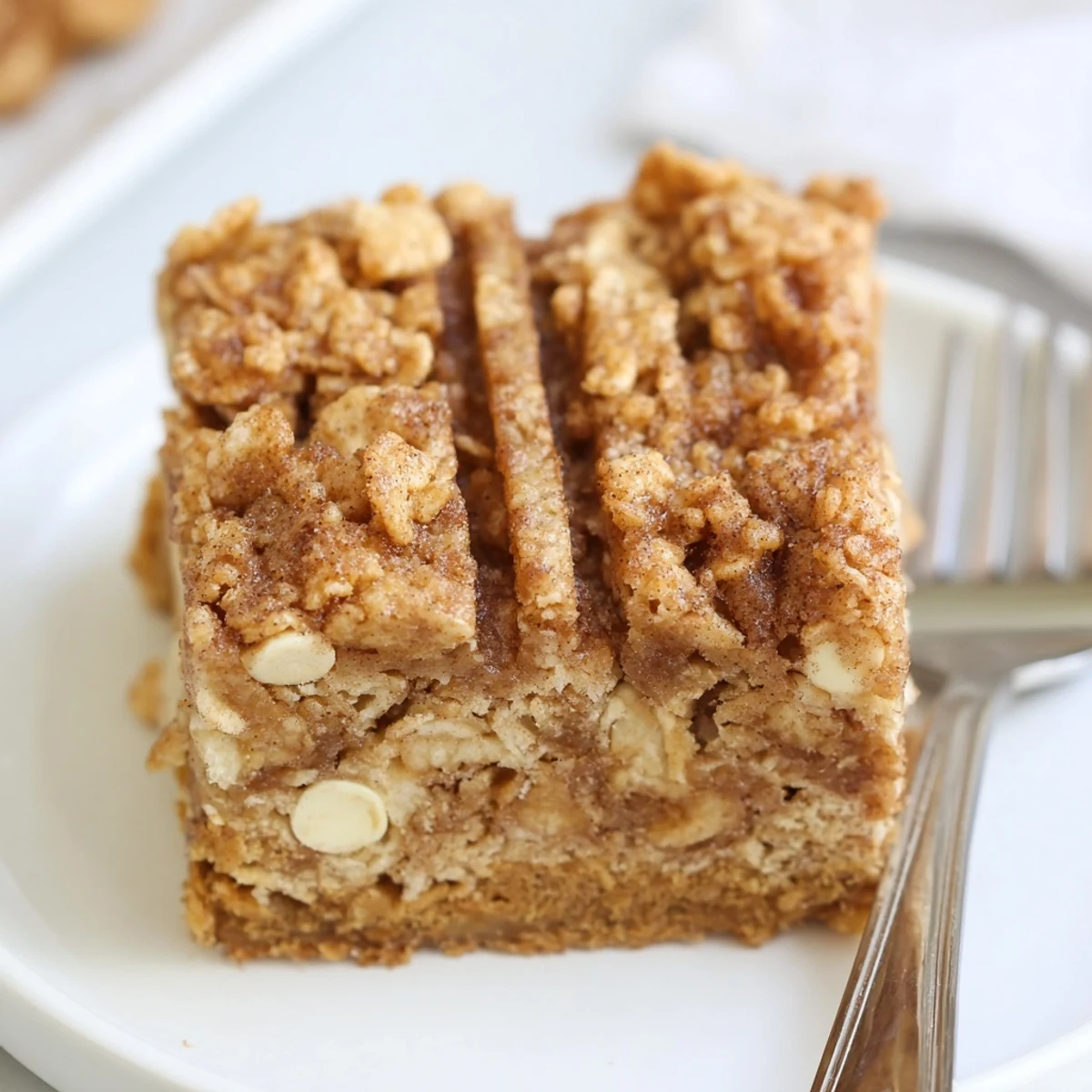 Chewy Cinnamon Toast Crunch Blondies adorned with a crunchy cinnamon topping.  