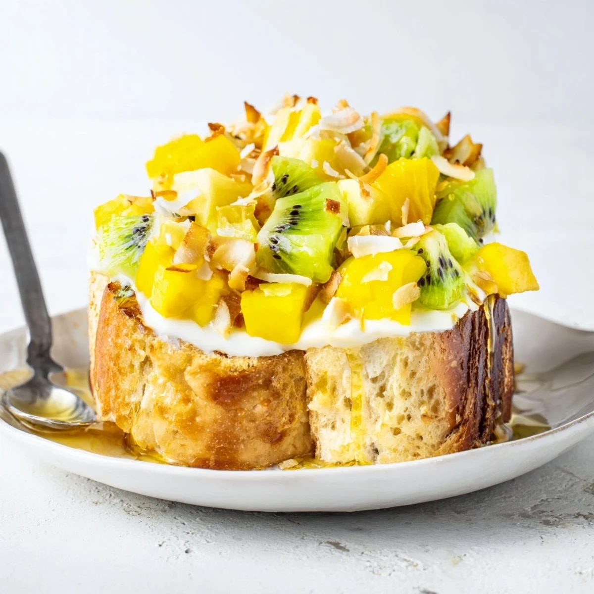 Indulge in colorful Yogurt-Custard Toast 2.0, drizzled with honey and lively fruits.