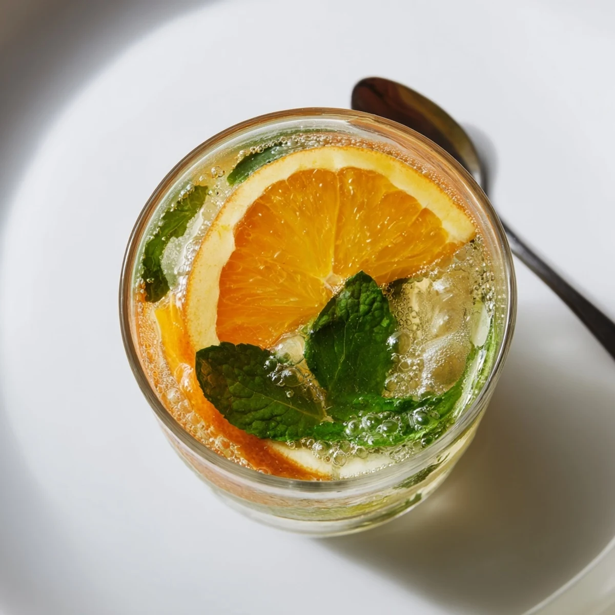 Refreshing probiotic soda mocktail served with orange slices and mint leaves.  
