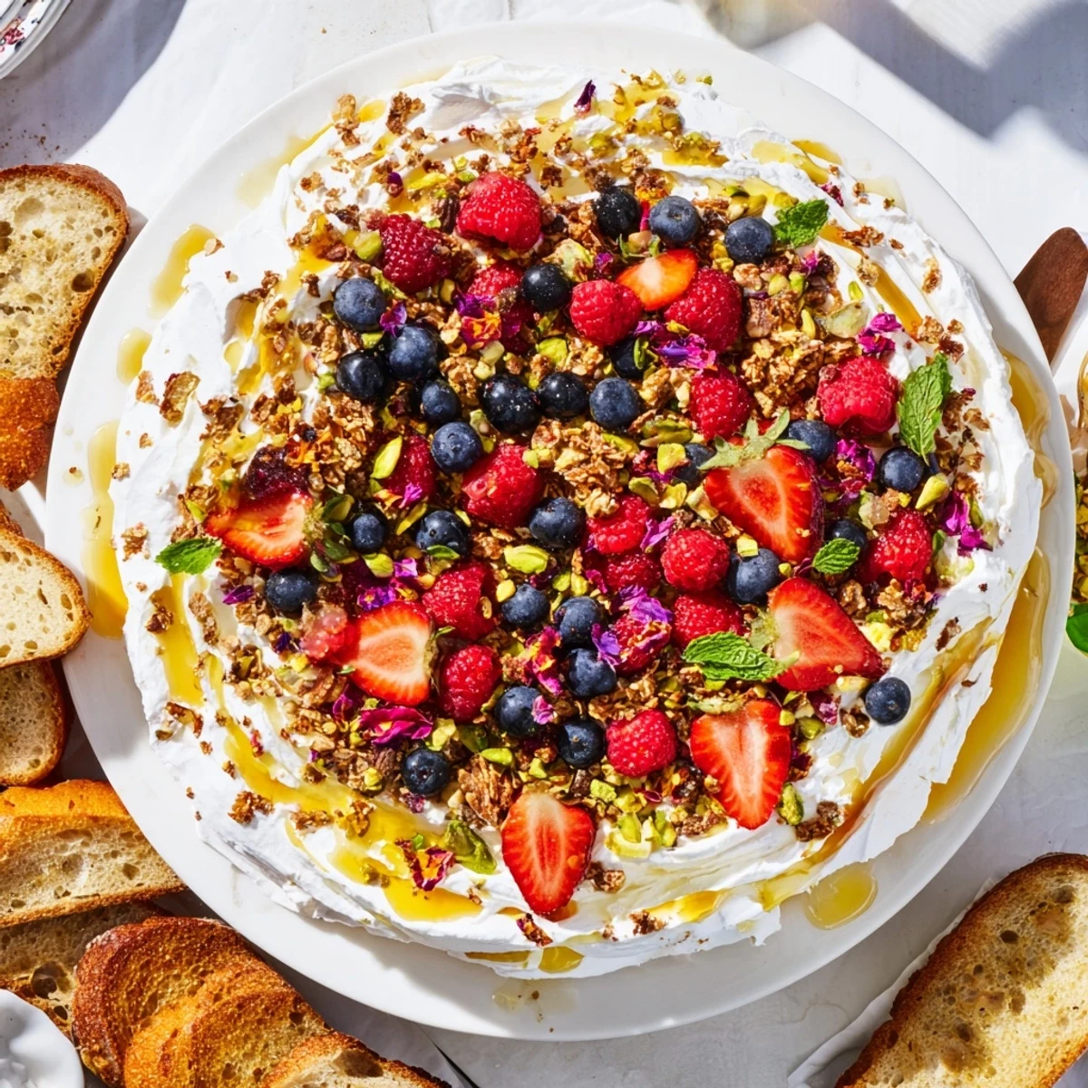 Delicious butter board dessert version with vibrant berries and creamy texture.  