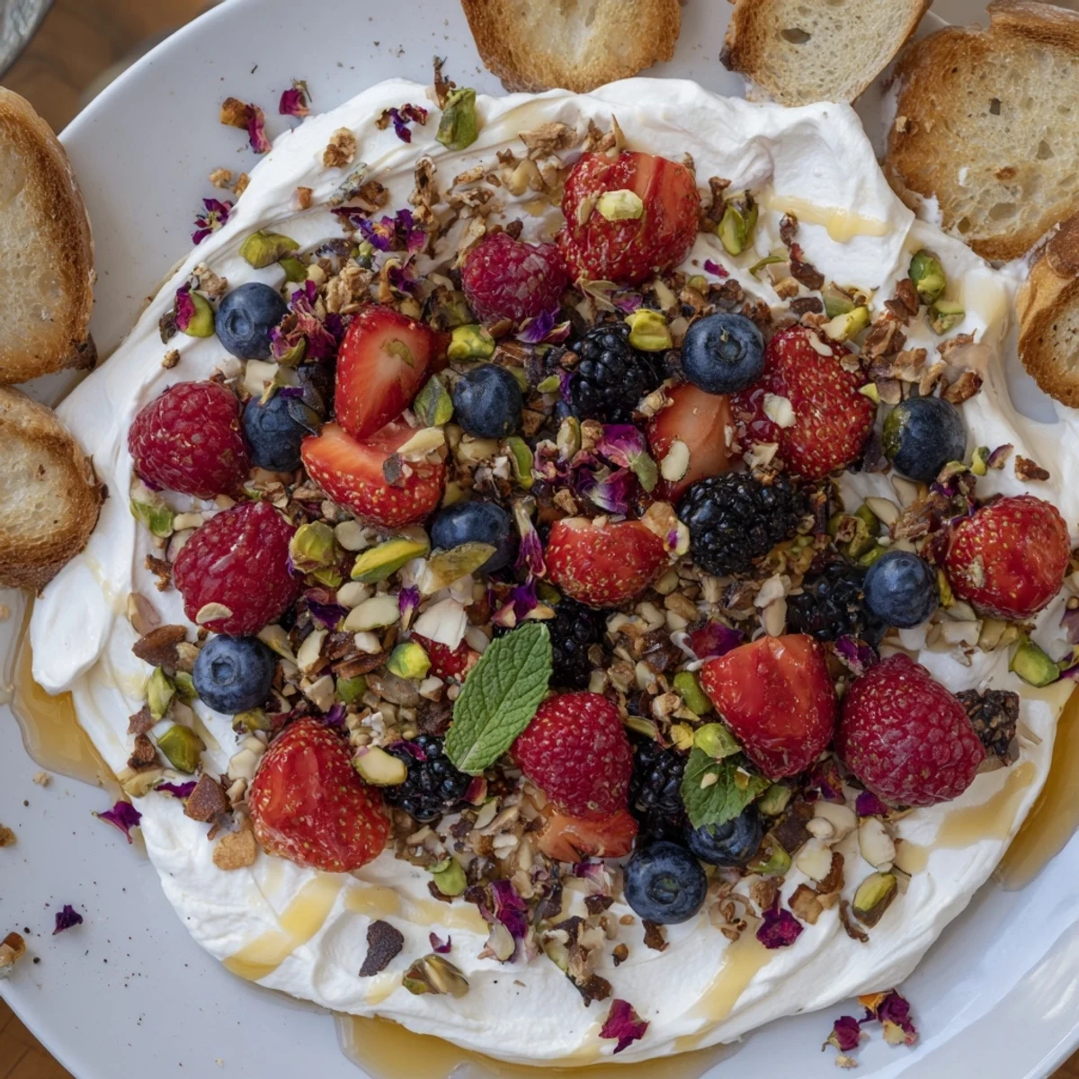 Elegant butter board dessert featuring sweet cream cheese and beautifully arranged fruits.
