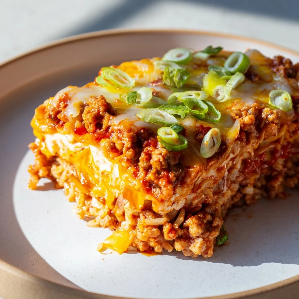Spicy Ramen Lasagna layered with rich cheese and zesty ground pork for comfort food bliss.  