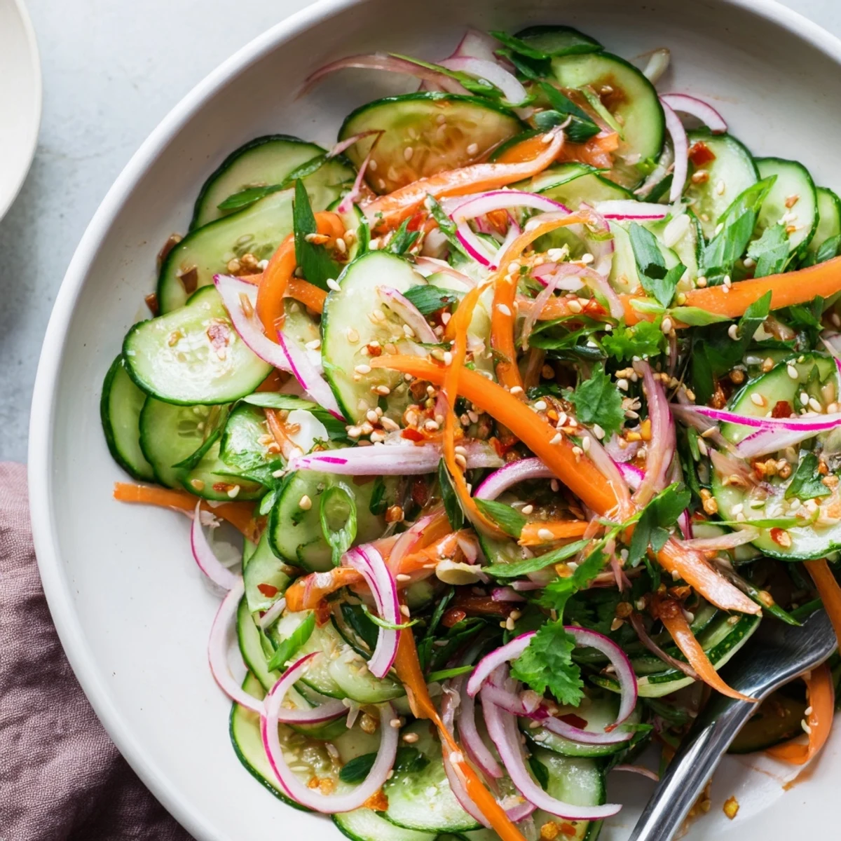 Fresh cucumber salad remix drizzled with sesame oil and colorful veggies.  