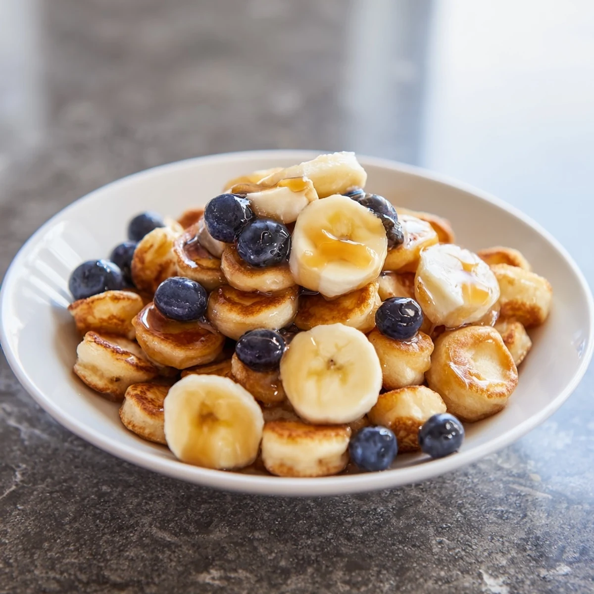 Bite-sized mini pancake cereal served with fresh berries and warm maple syrup.  