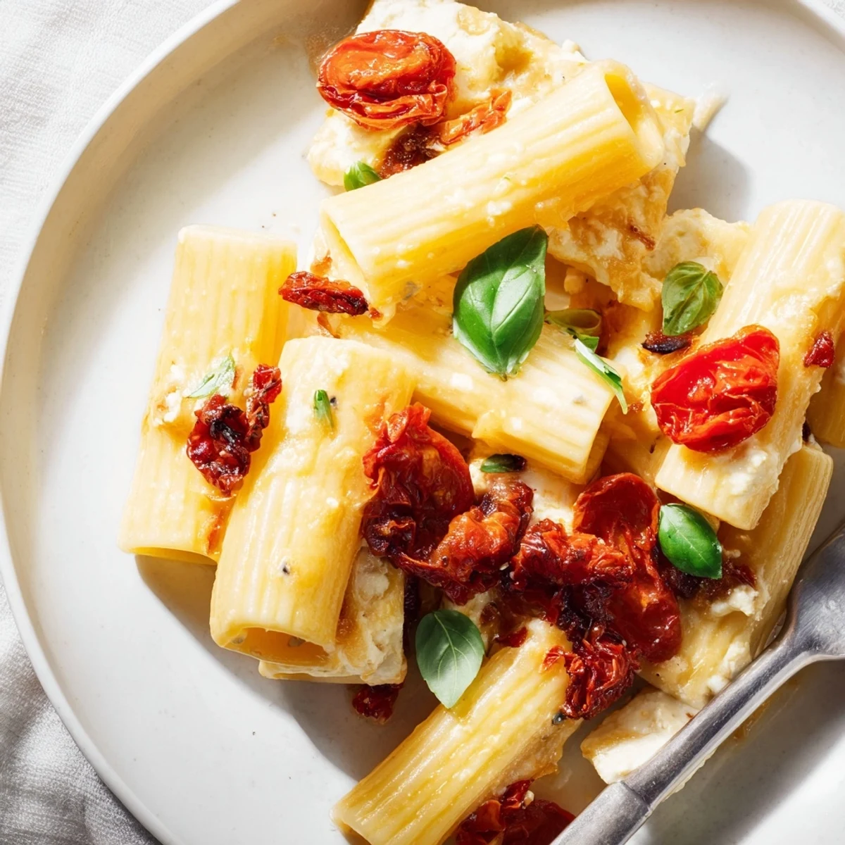 Creamy baked feta pasta with caramelized onions and sun-dried tomatoes fresh from the oven.  