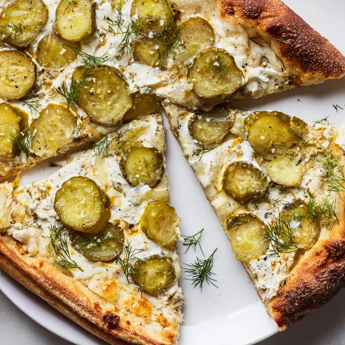 Tangy Pickle Pizza, topped with creamy sauce and crunchy dill pickles, ready to serve.  