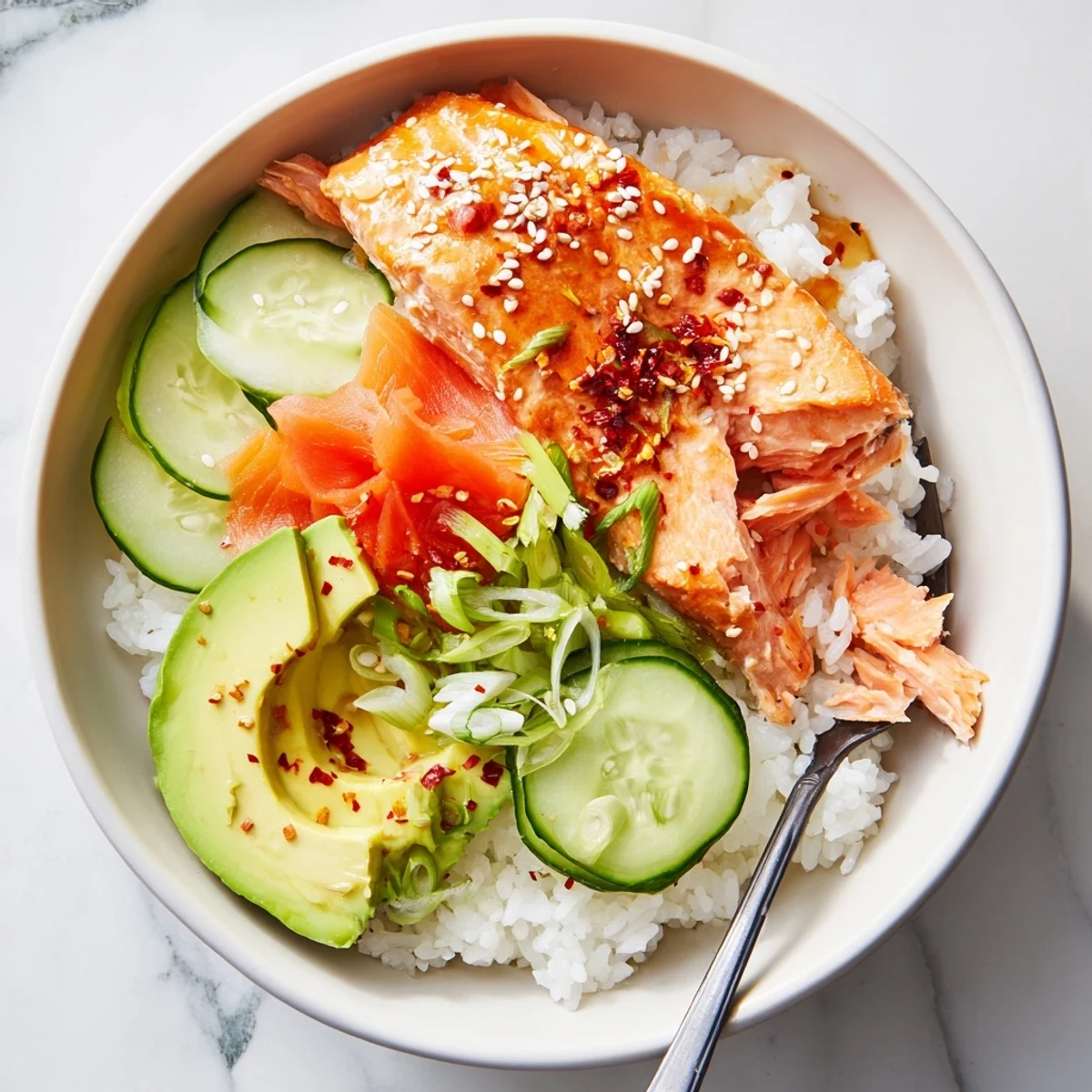 Quick and easy leftover salmon and rice bowl, colorful toppings added for flavor.  
