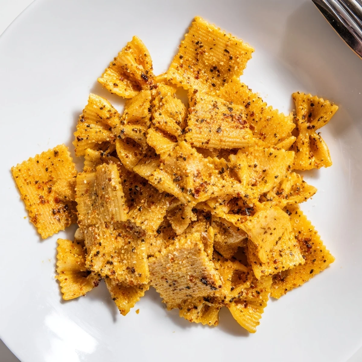 Flavorful baked pasta chips with spices, perfect for serving alongside your favorite dip.  