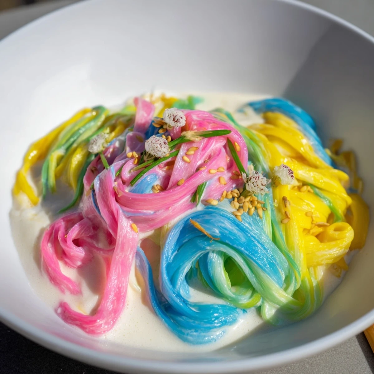 Whimsical Neon Noodle Cloud showcasing bright colors in a creamy, dreamy sauce.  