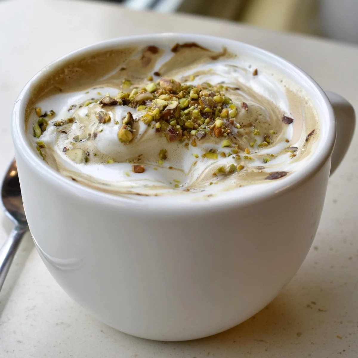 A creamy pistachio milk latte topped with crushed nuts, perfect for coffee enthusiasts.  