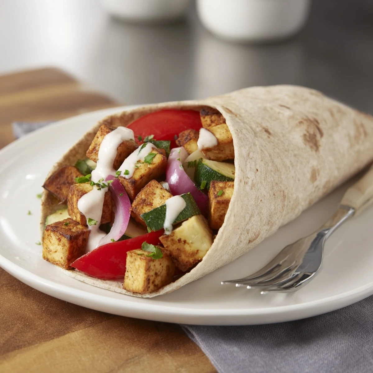 Vibrant Vegan Viral Recipe re-make featuring marinated tofu and fresh veggies in wraps.  