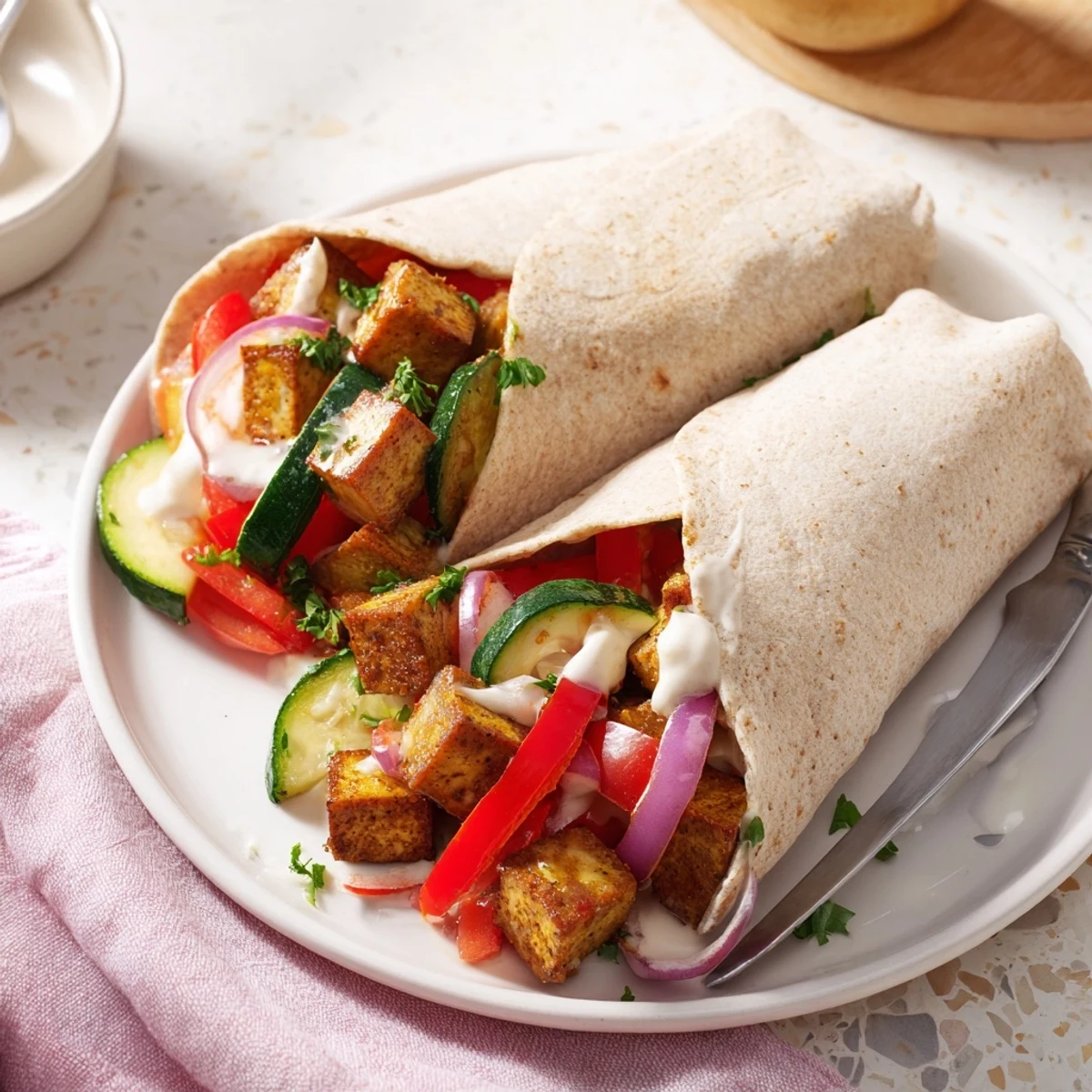 Satisfying Vegan Viral Recipe re-make with roasted tofu, colorful vegetables, and creamy sauce.  