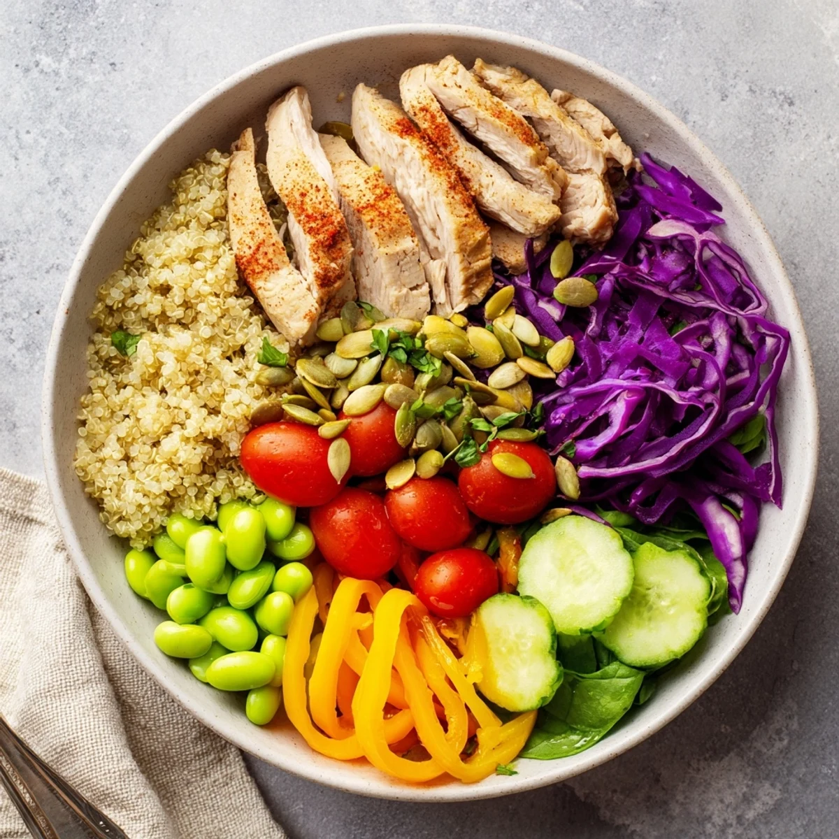 Colorful healthy meal-prep bowls filled with quinoa, chicken, and fresh vegetables.  