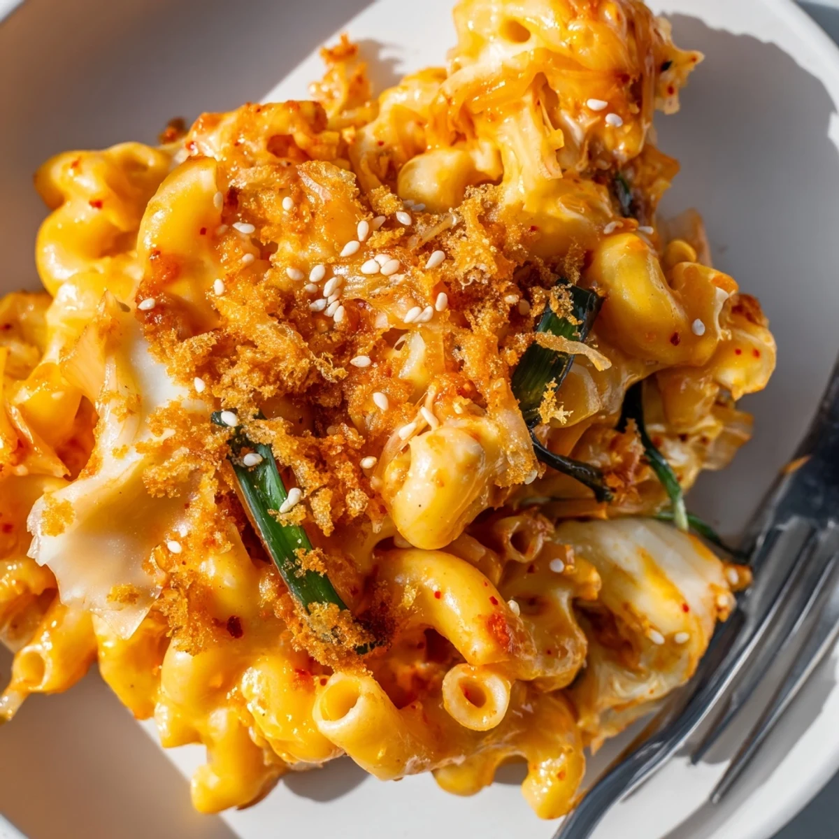 Creamy Spicy Kimchi Mac & Cheese topped with crunchy sesame for bold flavors.  