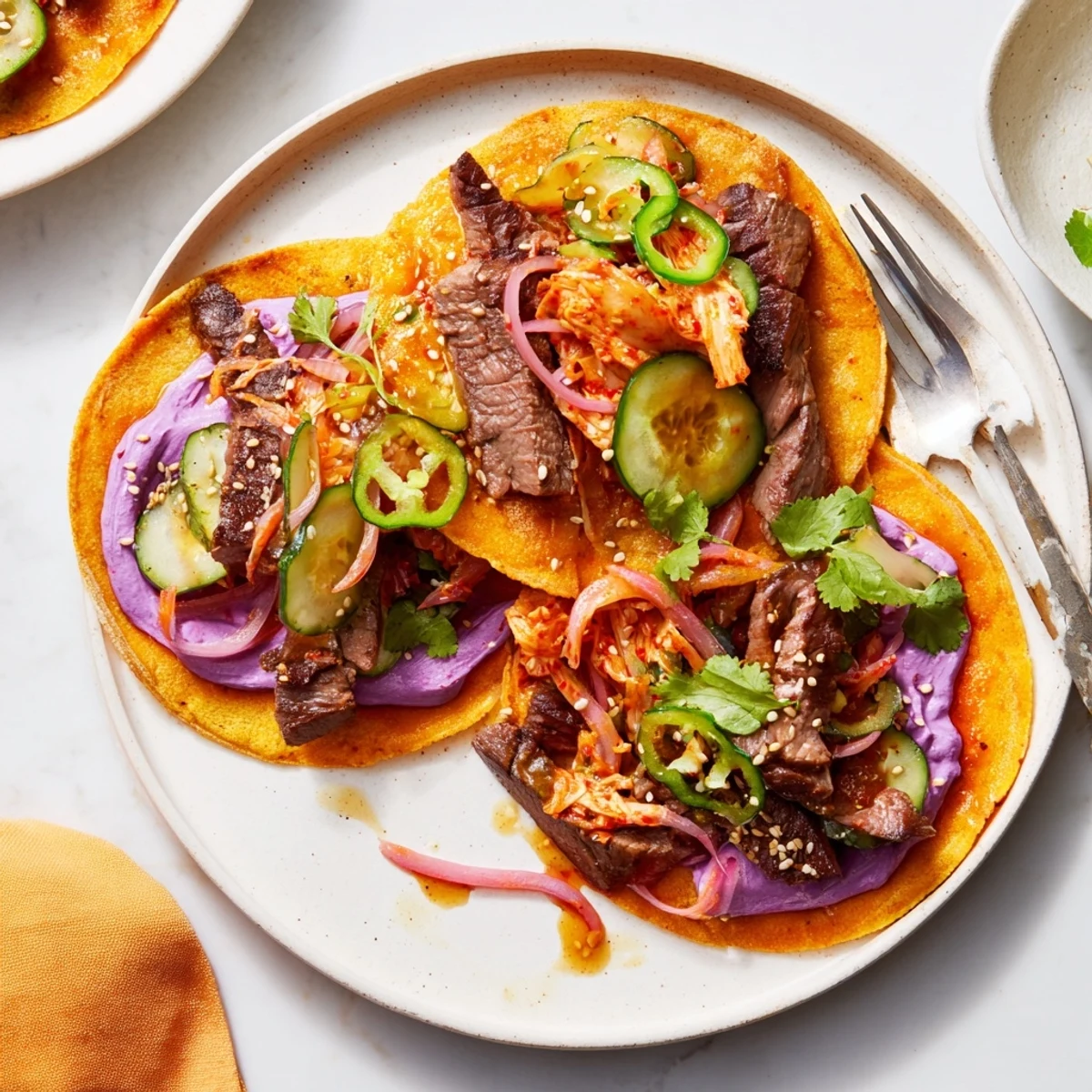 Colorful fusion tacos showcasing beef sirloin, ube crema, and vibrant toppings.  