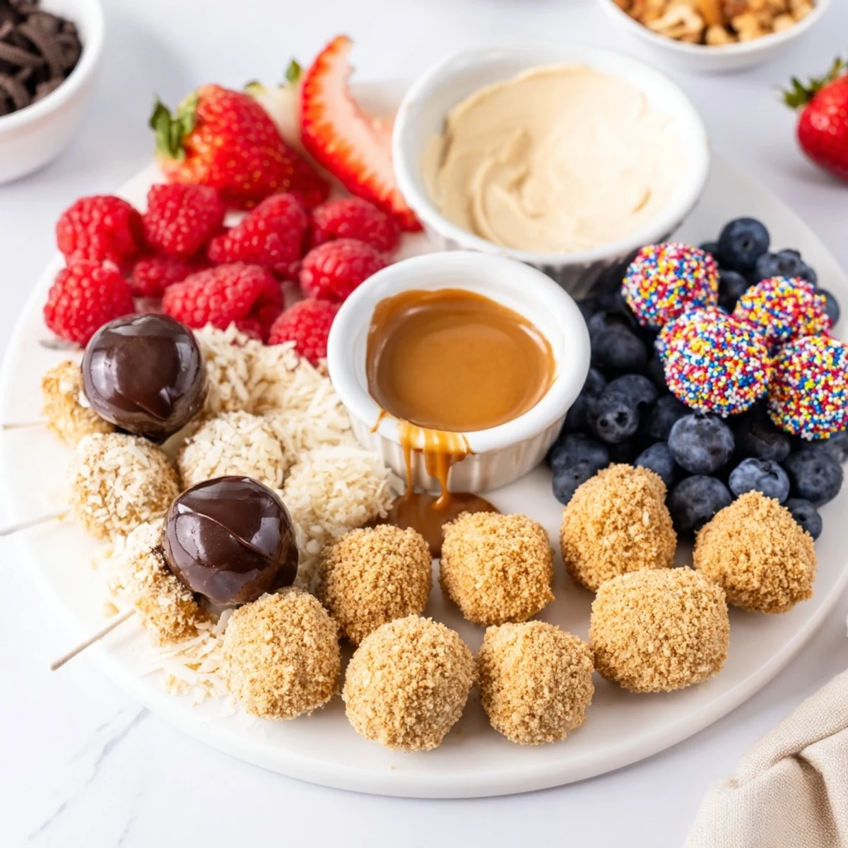 Deconstructed dessert board with cheesecake bites and vibrant toppings ready to customize.  