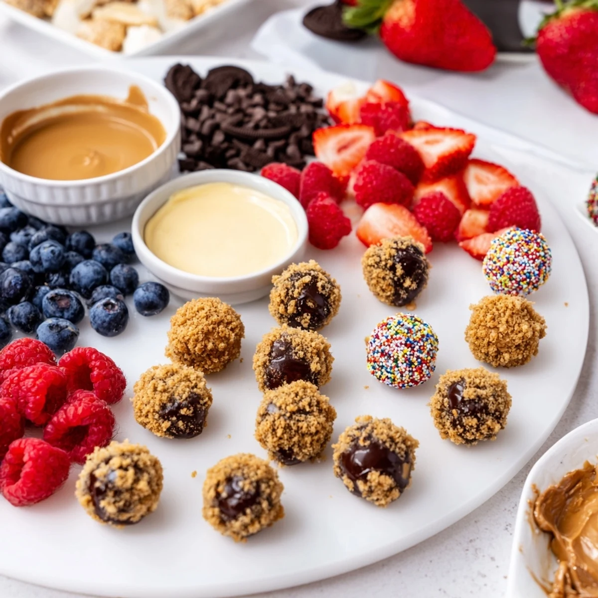 Creamy cheesecake bites artfully displayed with fresh fruits and rich toppings on a platter.  