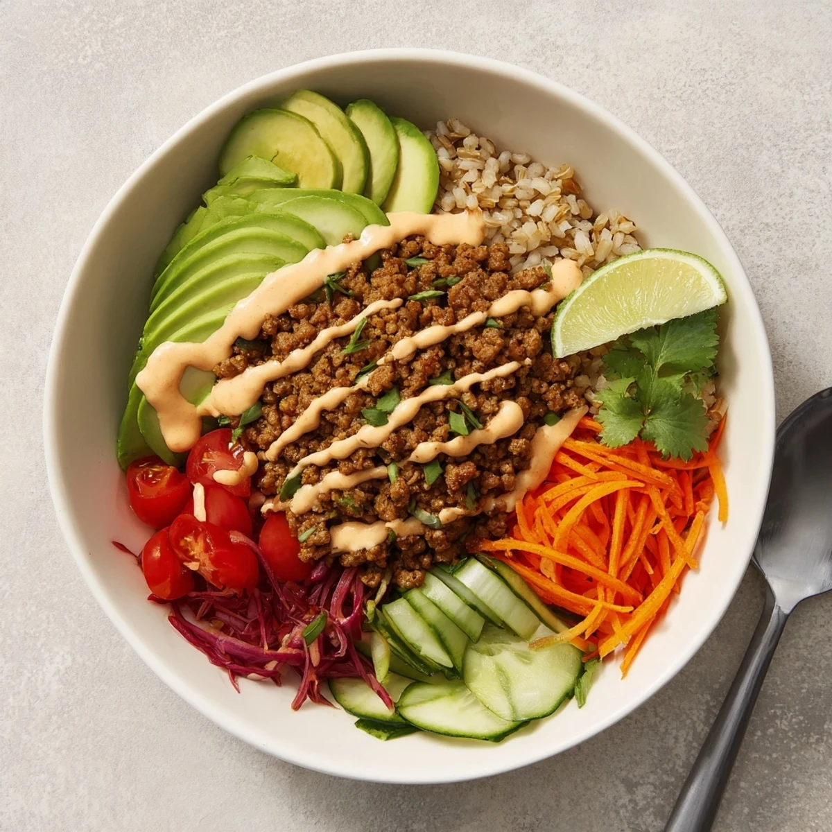 Colorful plant-based meat bowl bursting with flavor and nutritious toppings like avocado.  