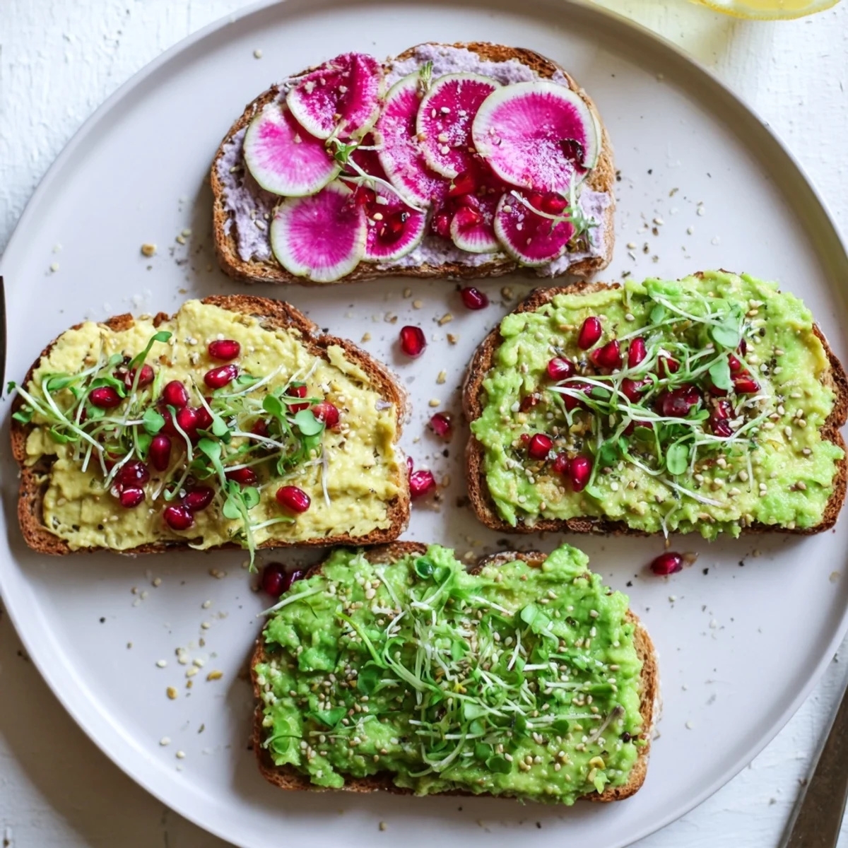 Vibrant Bright & Bold Breakfast Toasts with ube and avocado, topped beautifully.  
