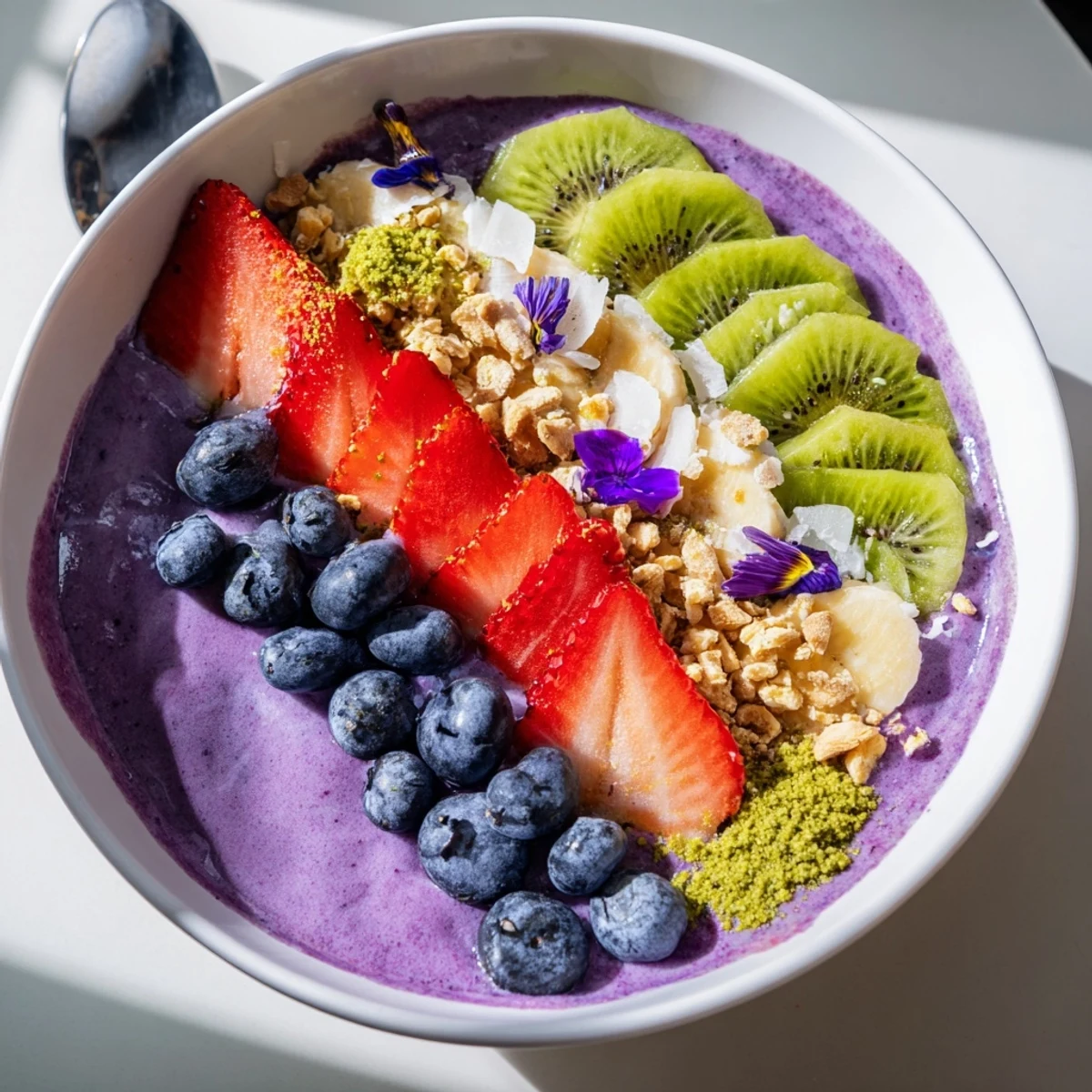 Wholesome vibrant smoothie bowls artfully garnished with edible flowers, perfect for brunch enjoyment.