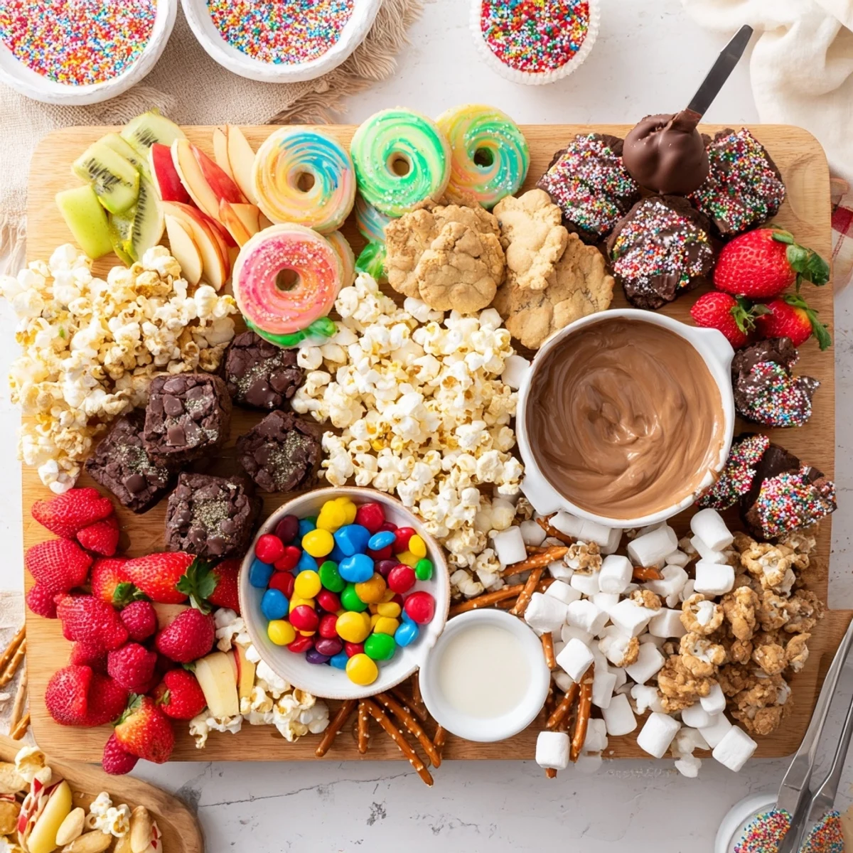 A colorful dessert board with themed snacks and sweet treats for festive gatherings.  