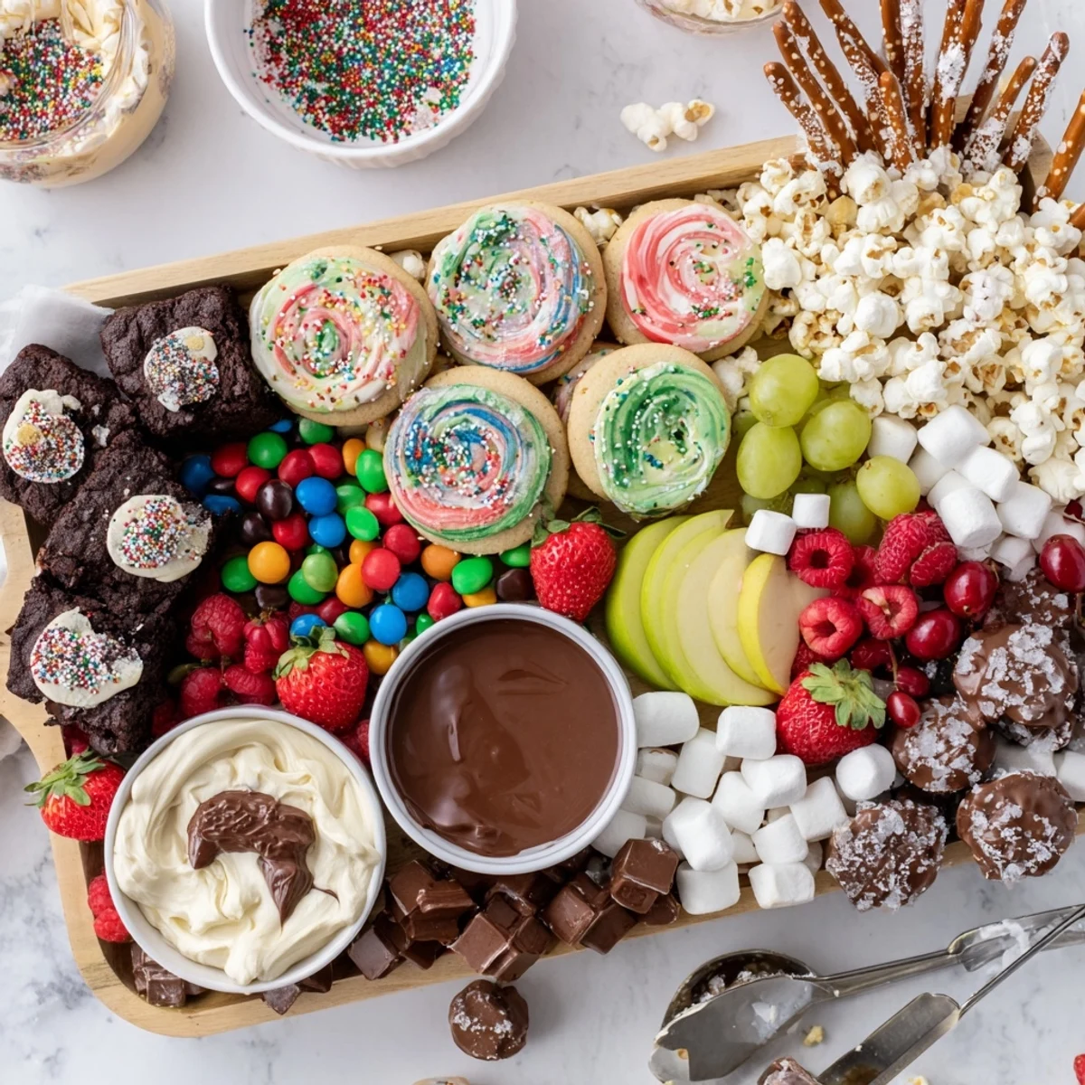 Delicious holiday dessert board filled with cookies, fruits, and chocolate for sharing fun.  