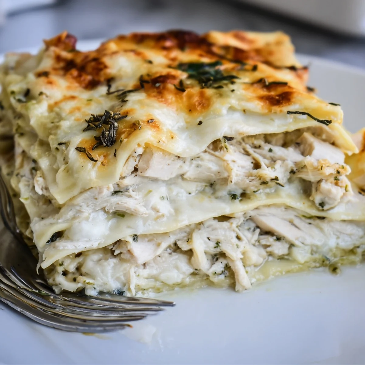 Rustic rosemary chicken lasagna layered with tender chicken and rich béchamel sauce.  