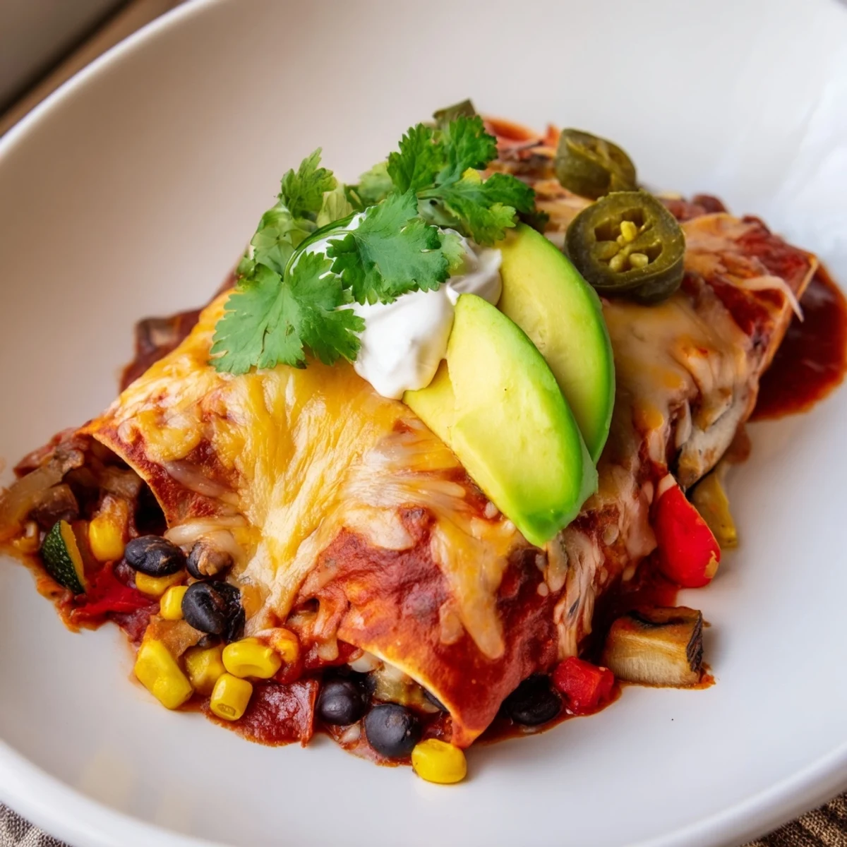 Colorful Farmers Market Vegetarian Enchiladas topped with melted cheese and fresh cilantro.  
