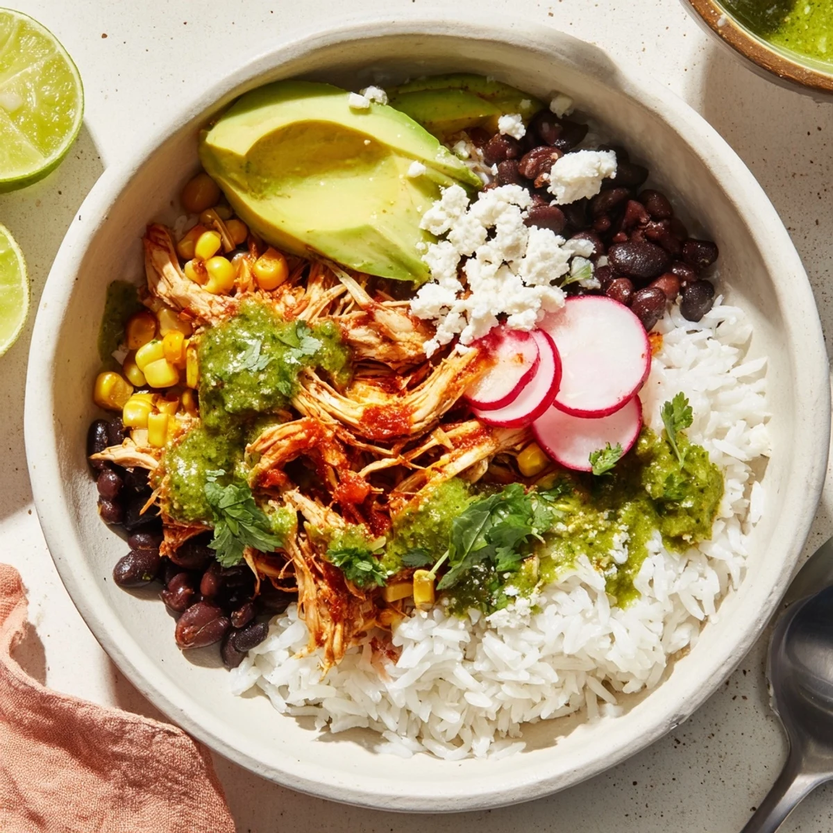 Vibrant green enchiladas rice bowl topped with fresh veggies and creamy avocado.  