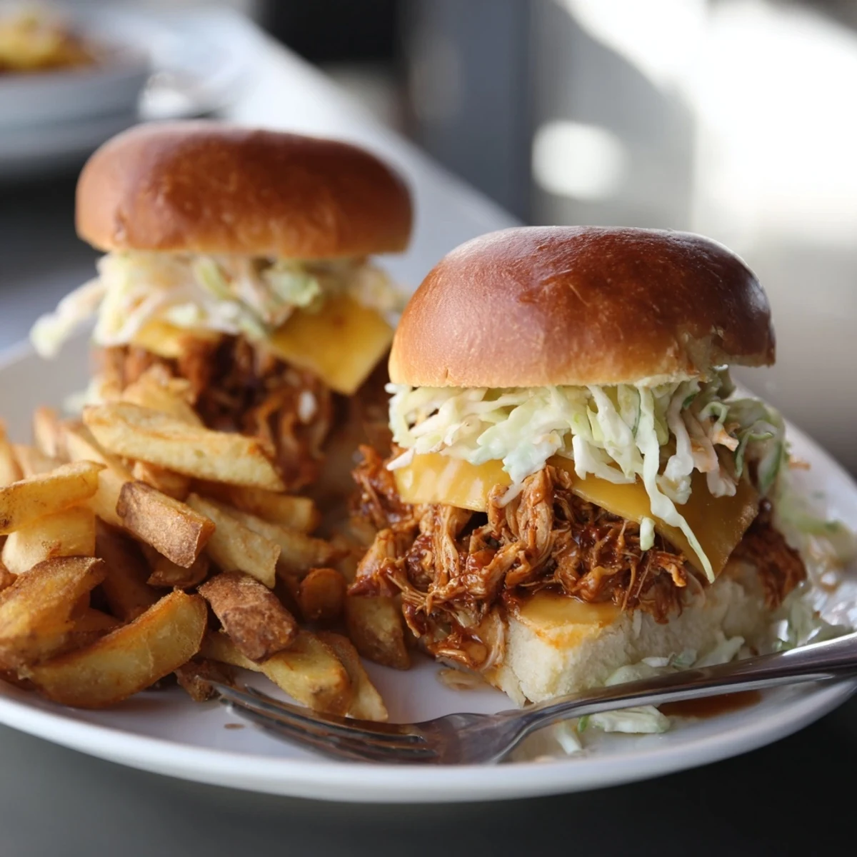 Juicy BBQ Chicken sliders piled high with coleslaw and melted cheddar cheese.