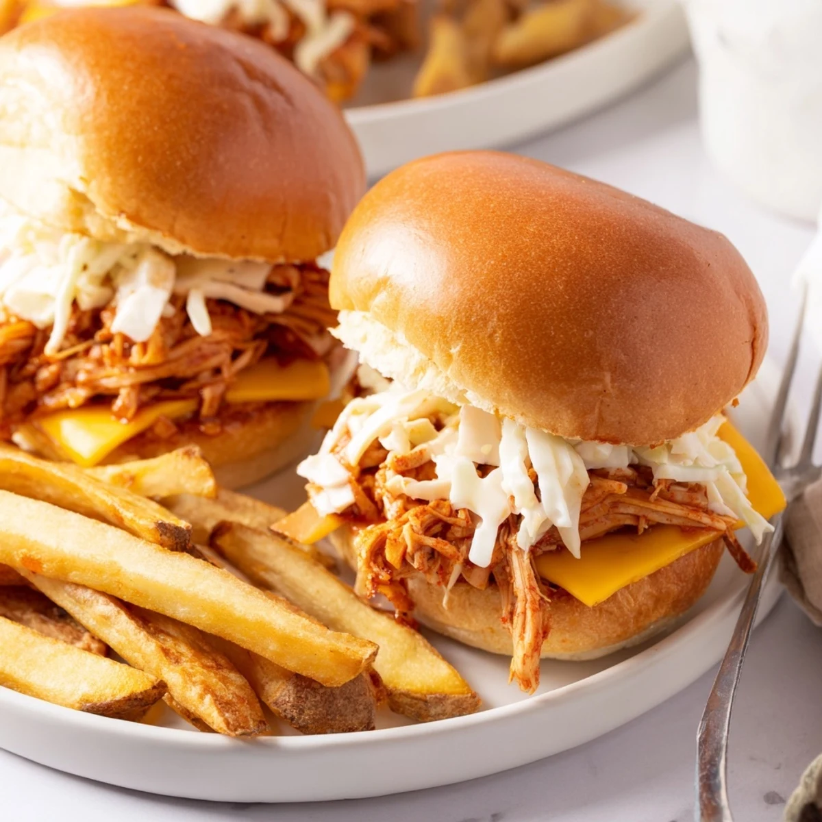 Tender shredded BBQ Chicken served on soft buns with golden crispy fries.