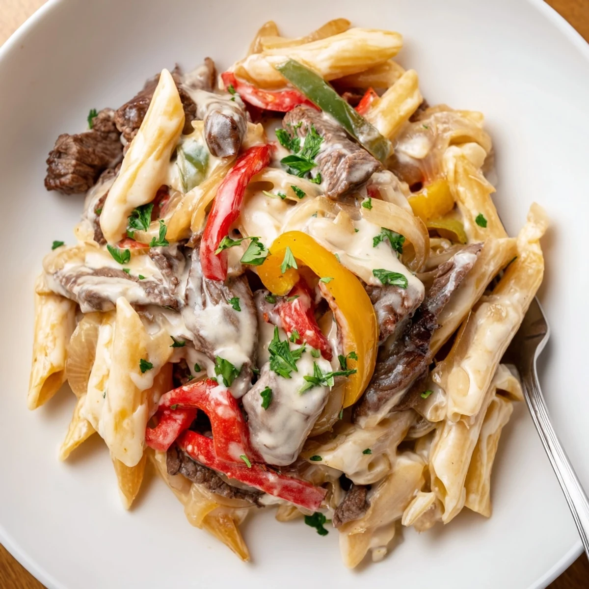 Deliciously creamy Philly Cheese Steak Pasta served in a warm, hearty bowl.  