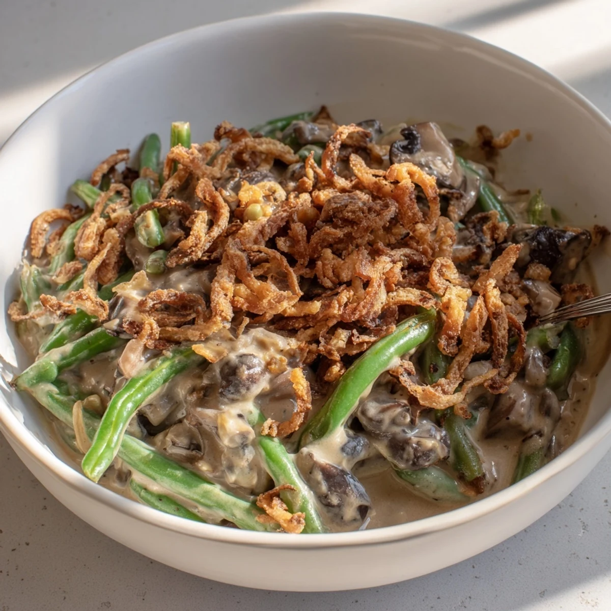 Creamy Old-School Green Bean Casserole topped with crispy onions, perfect for holiday meals.  