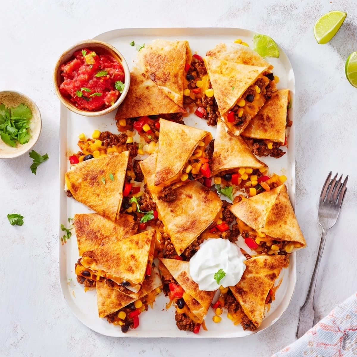 Crispy sheet pan quesadillas with beef, cheese, and vibrant veggies, perfect for gatherings.  
