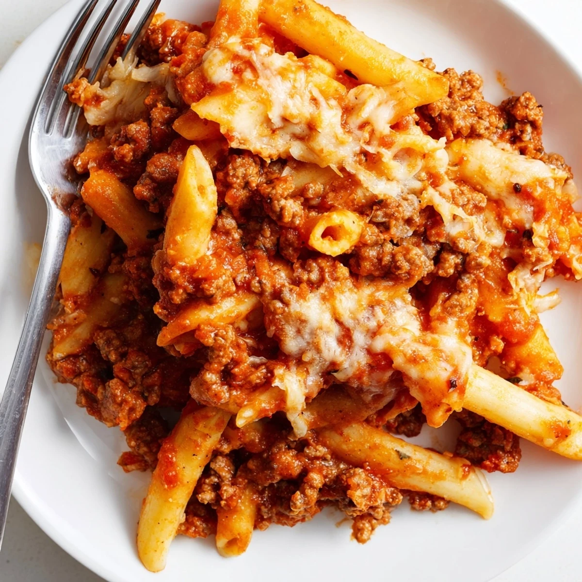 A delicious Cheesy Beef & Penne Bake topped with bubbling mozzarella and Parmesan cheese.  