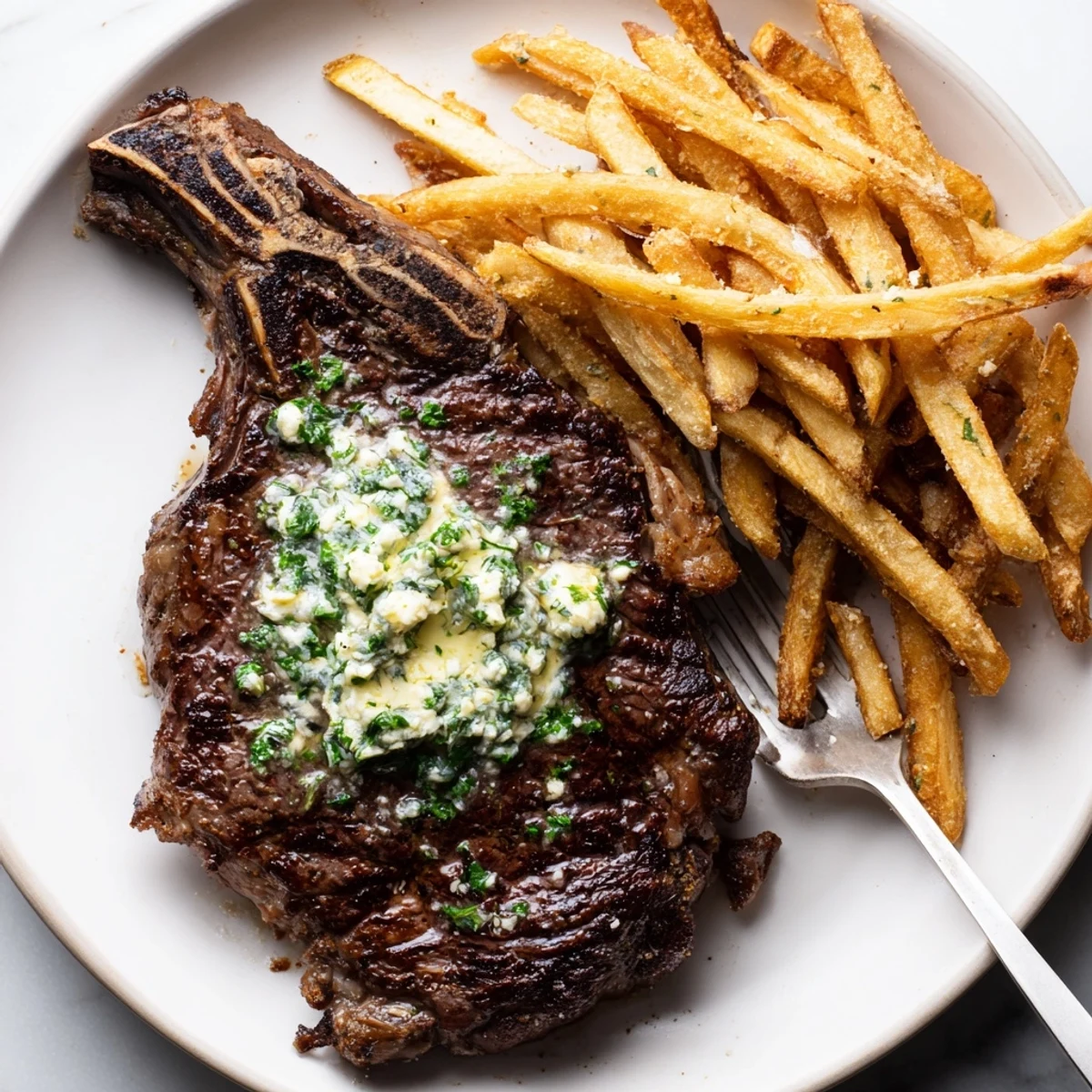 Juicy Steakhouse Garlic Butter Steak drizzled with rich garlic butter, served alongside fries.  