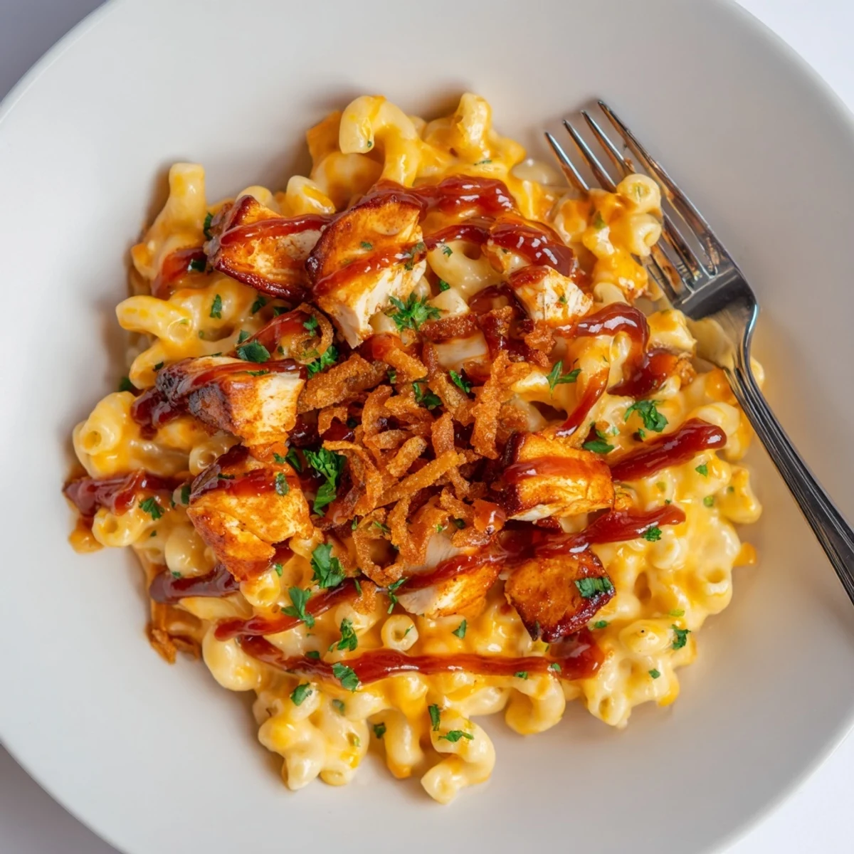 Savor the rich flavors of One-Pot Honey BBQ Chicken Mac and Cheese topped with parsley.