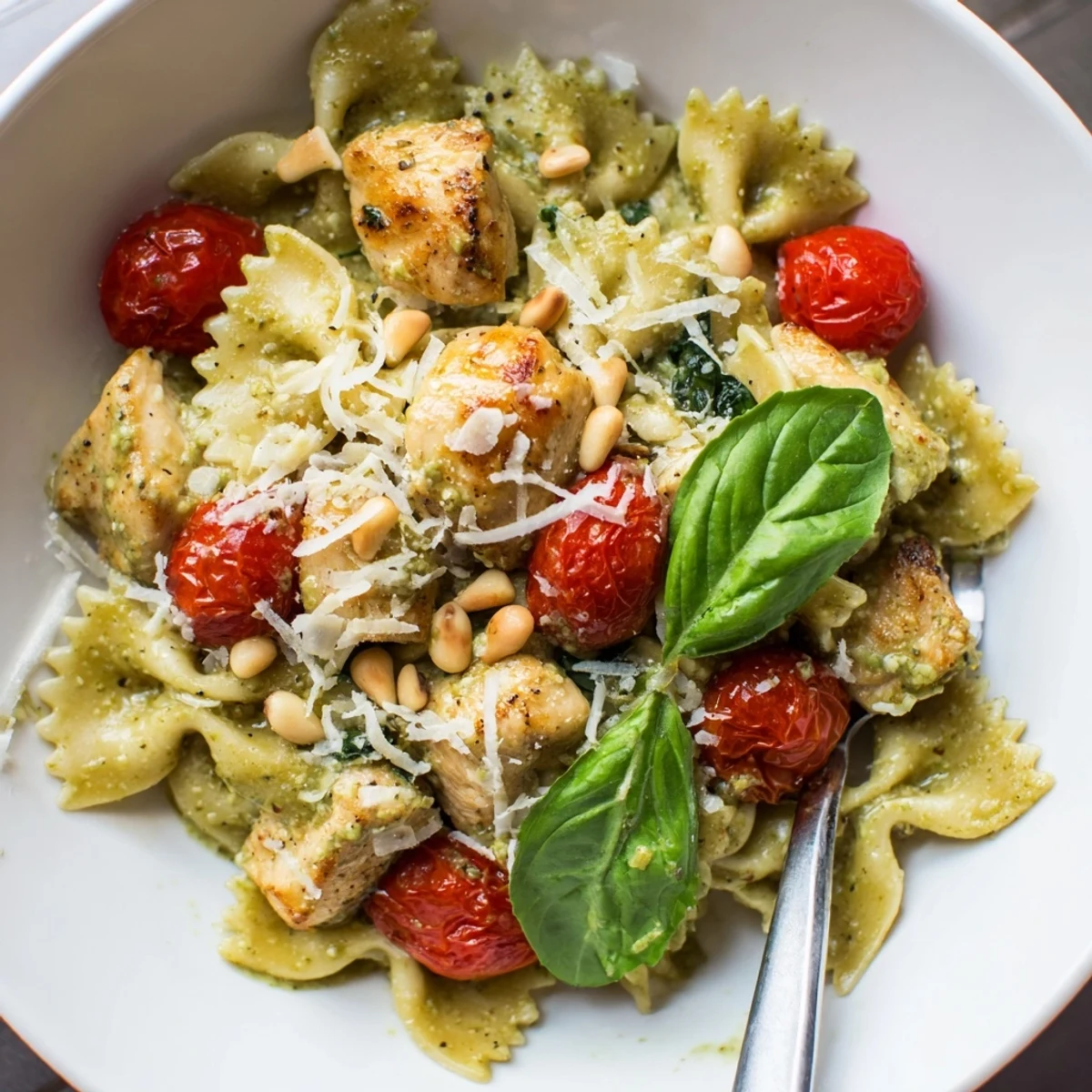 Savory Pesto Chicken Bowtie Pasta, a quick weeknight meal, perfect for any family dinner.