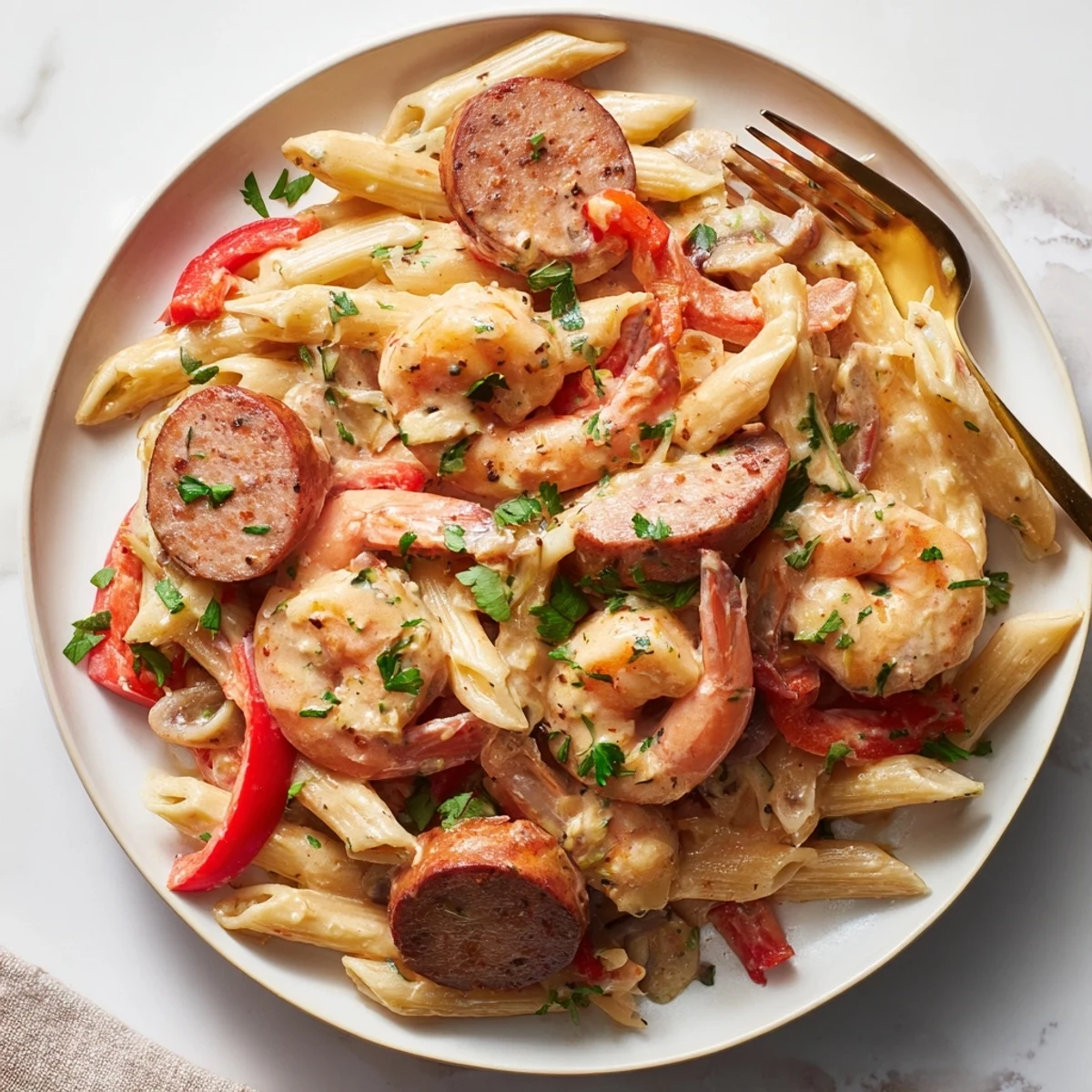 Cajun Sausage & Shrimp Alfredo Pasta Skillet in a creamy sauce, topped with parsley.  