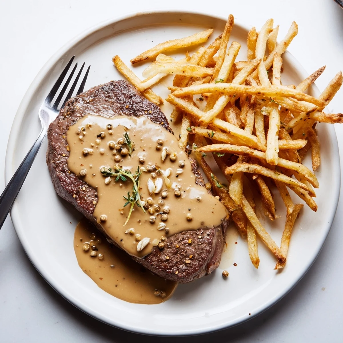 Juicy classic peppercorn ribeye topped with creamy sauce and paired with crispy fries.  